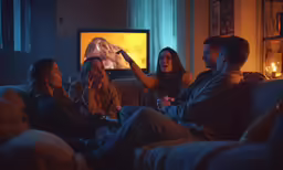 three people in a dark room watching tv