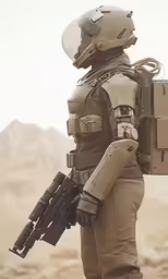the soldier in a full body outfit is holding an automatic rifle and his rifle