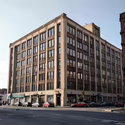 a large building with many windows is across the street
