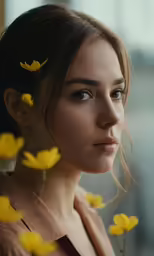a beautiful young lady with long hair surrounded by yellow flowers