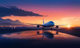 a white airplane on runway at sunset with clouds