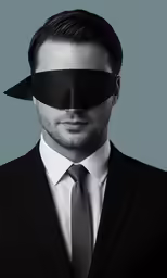 a person wearing a suit, necktie, and a pair of scissors over their eyes