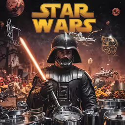 a poster featuring a star wars character holding a lite