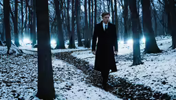 a man in a long coat and tie is standing by a tree