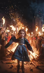 a little girl in blue dress standing with arms out and fire blazing in background
