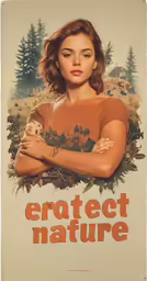 a woman with a tattoo on her arm looking out from the forest