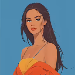 a girl in an orange dress is looking up at the sky
