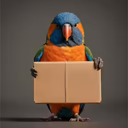 a blue and orange bird with a card holder
