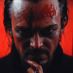 the artwork behind the scene shows how a man has his face pierced