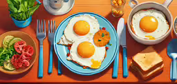 breakfast is ready on an outdoor dining table,breakfast with fried eggs and toast for two with tomatoes and cucumbers