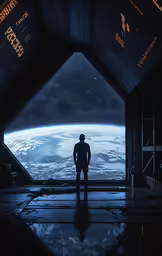 a man standing on a futuristic spaceship with a view of the earth in the background
