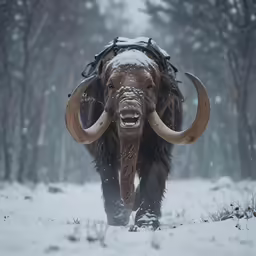 a large animal with horns standing in the snow