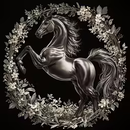 an image of a horse that is in the center of a wreath
