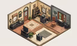 an aerial view of a living room with dining room