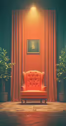 a red chair sitting in front of a window covered in a curtain