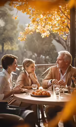 two adults and two children sitting around a table