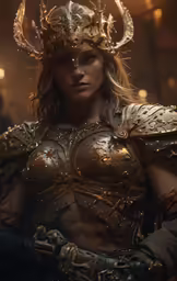 a woman in armor with long hair and big horns