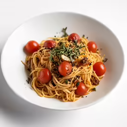 a bowl with a noodle dish topped with tomatoes and herbs