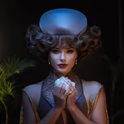 a woman with curly hair is holding something in her hands