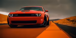 a bright orange, shiny car on a narrow road