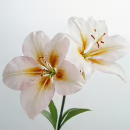 two flowers in a clear vase sit together