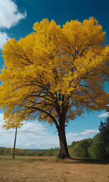 a large tree covered in yellow leaves on a field