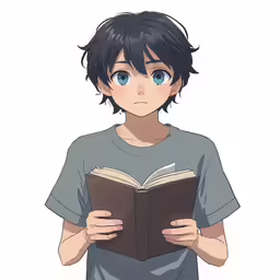 an anime boy reading a book while standing next to the camera