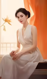 the woman is dressed in a white dress by a window