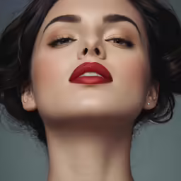 the young lady is wearing red lipstick and gold eye shadow