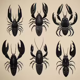 six black and white scorpions and crabs