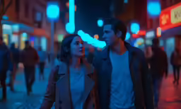 two people walking through the street at night