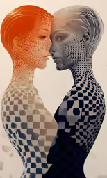 two abstract women one with her arms around the other