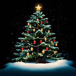 a lit christmas tree in the snow