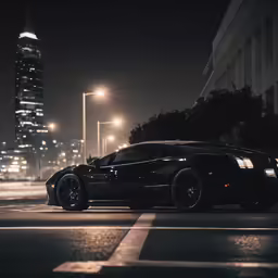 the black car is parked at night on the street