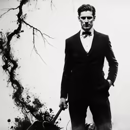 a man dressed in an elegant tuxedo and smoking a cigarette