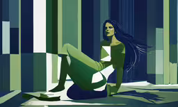 a woman sitting on the floor in a room,a girl sitting on the floor with her hair blowing in the wind