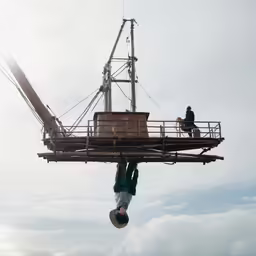 a boat floating in the air as two men look on