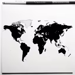 a black and white world map with white ink