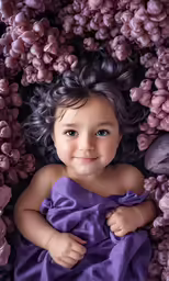 a baby wearing a purple blanket in an array of flowers