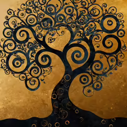 a black tree with swirls of gold on it