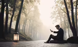 a man in business suit sitting by his phone