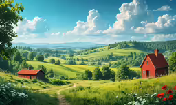 the painting is of two houses in a beautiful valley