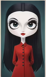 a woman with long black hair and blue eyes in a red dress