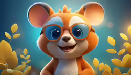 a red panda with sunglasses standing on top of yellow leaves