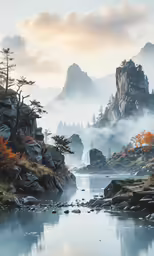 the landscape shows the mountain peaks, trees and a stream