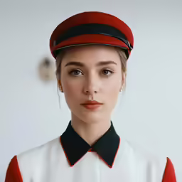 a woman with a red hat is posing for a photo