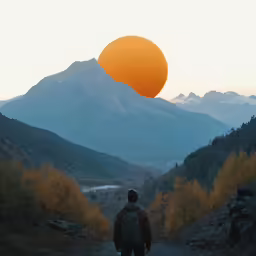 a man in a backpack stands on a road looking at mountains