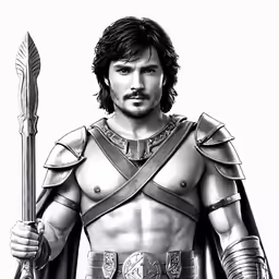 black and white drawing of a man dressed as gladus