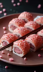 some food that is laying on a pink plate