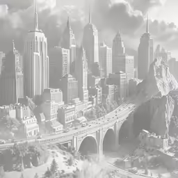 black and white landscape with cityscape of highway going towards the mountains